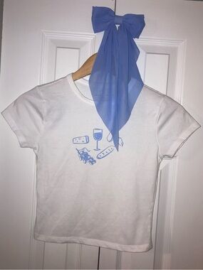 White Crop Tee with Light Blue Wine, Cheese, and Bread Graphic + Matching Bow